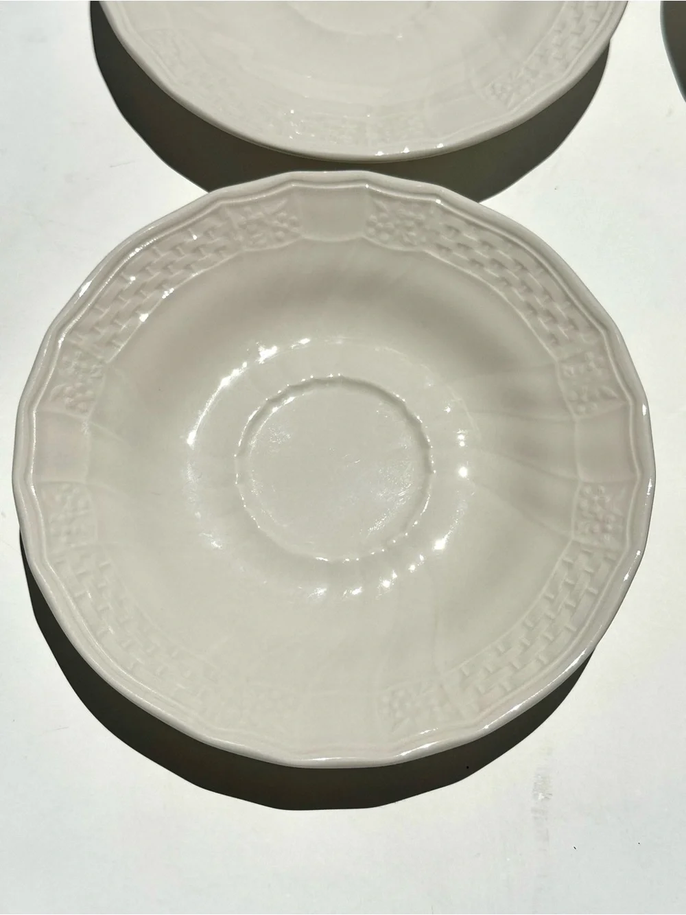 4 Mikasa Renaissance White Embossed Porcelain Saucers 6.5” - Classic Home Dining
